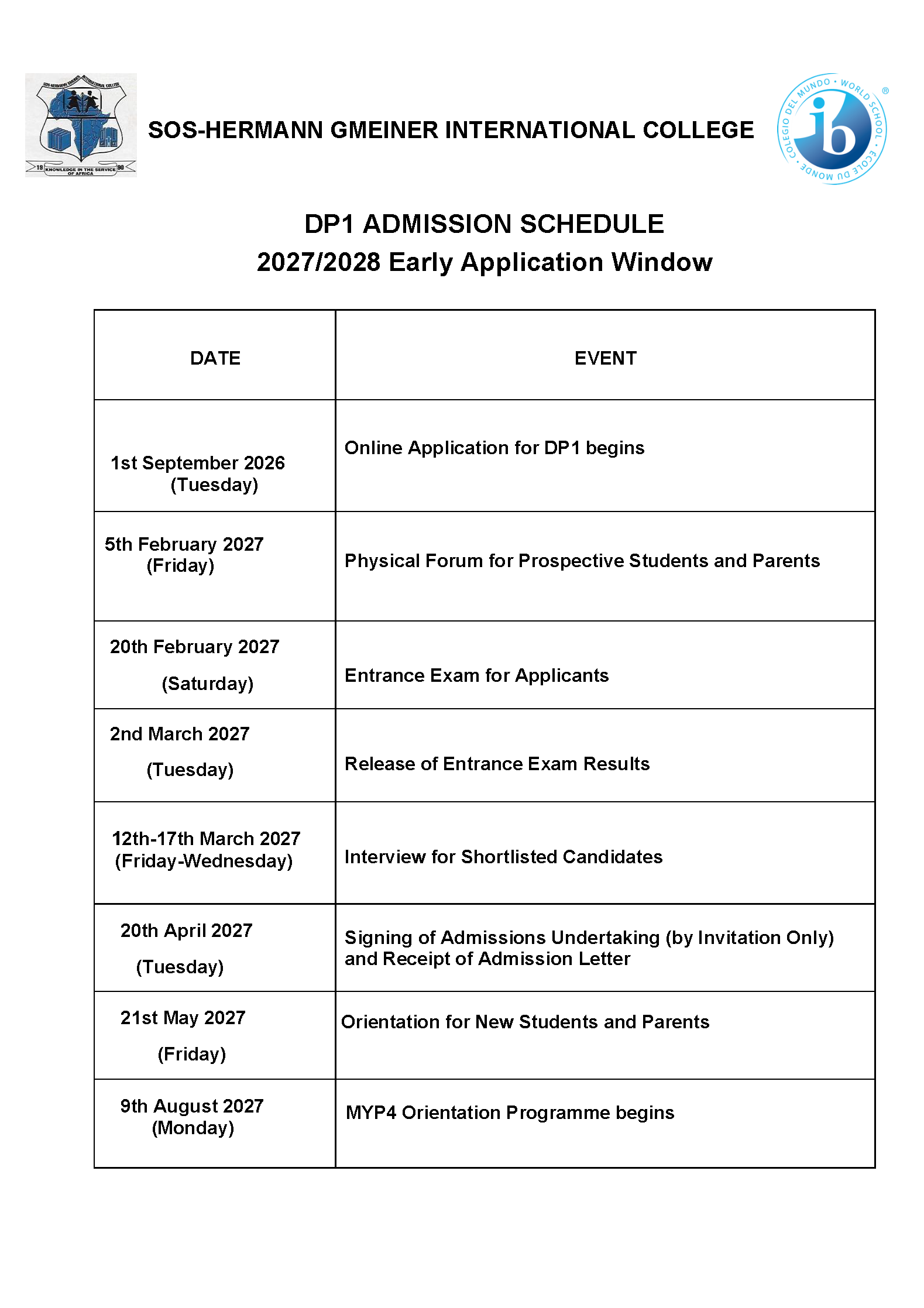 DP1 Admission Schedule 2027/2028
