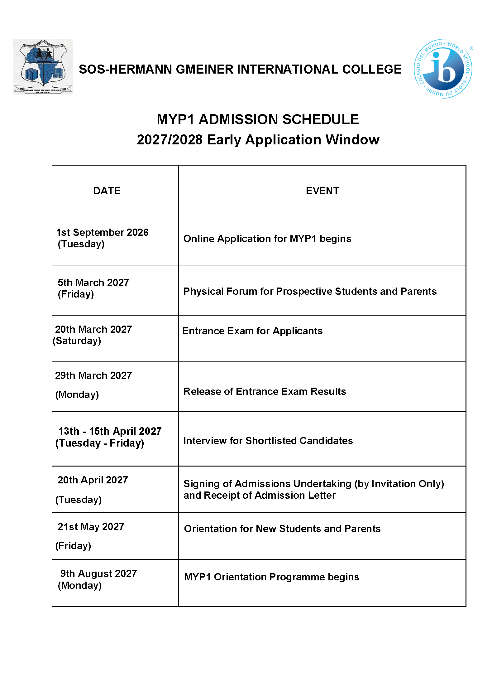 MYP1 Admission Schedule 2027/2028
