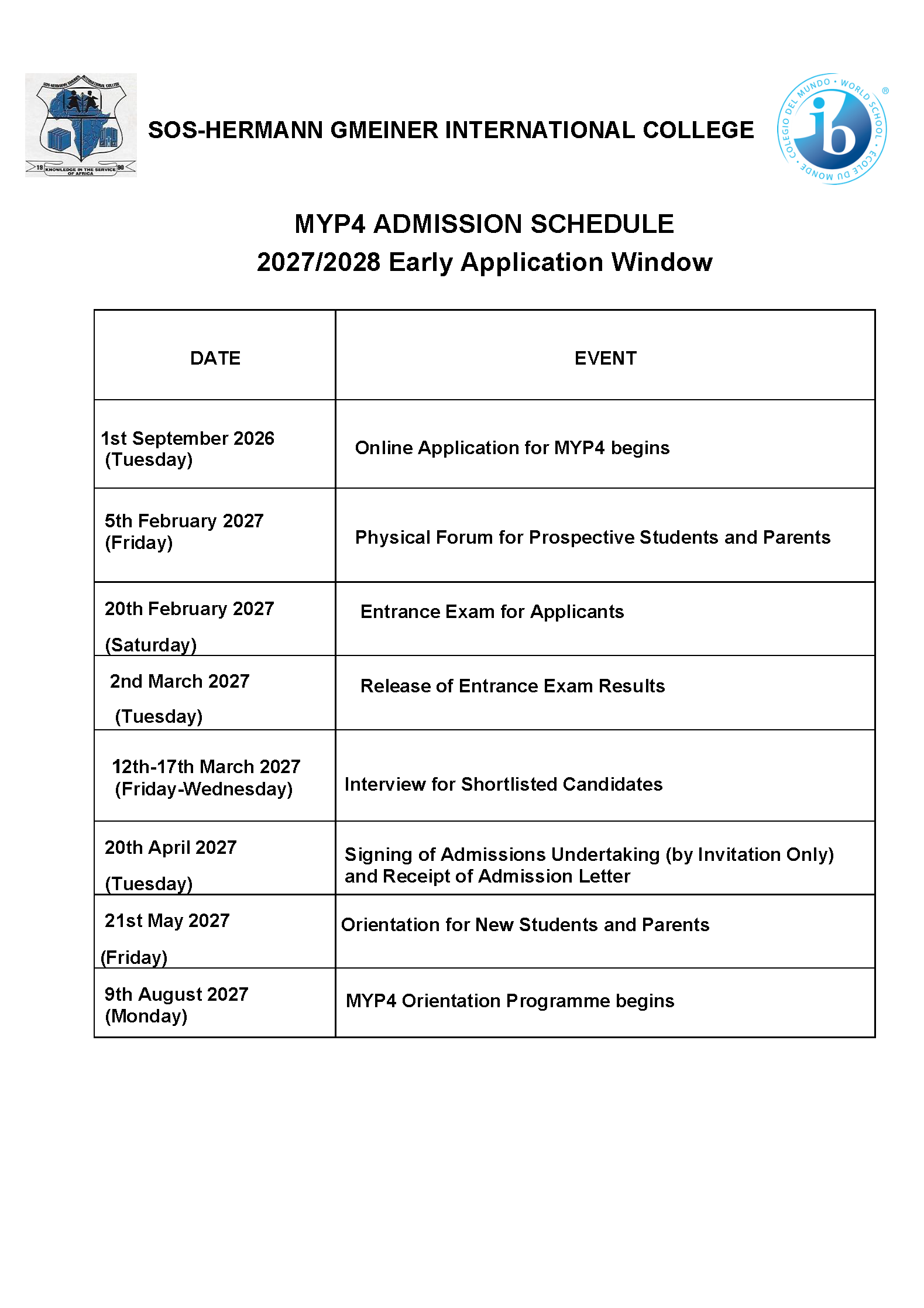 MYP4 Admission Schedule 2027/2028